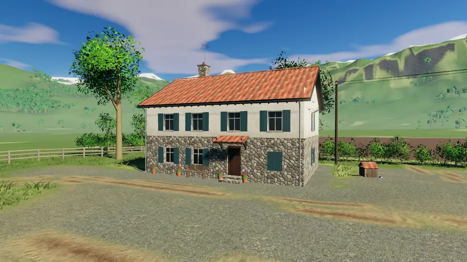 The tiled stone farmhouse and its yard