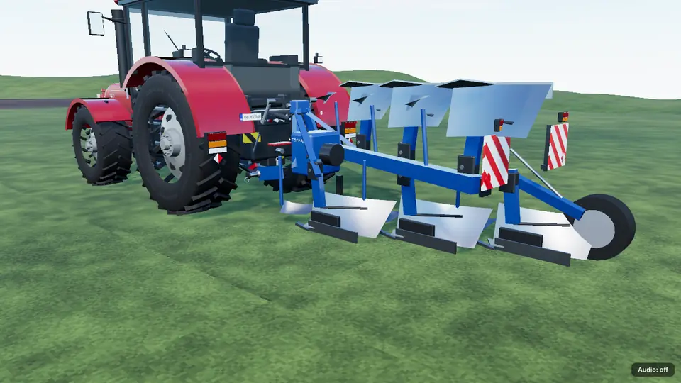 A three-furrow plough working behind a red tractor