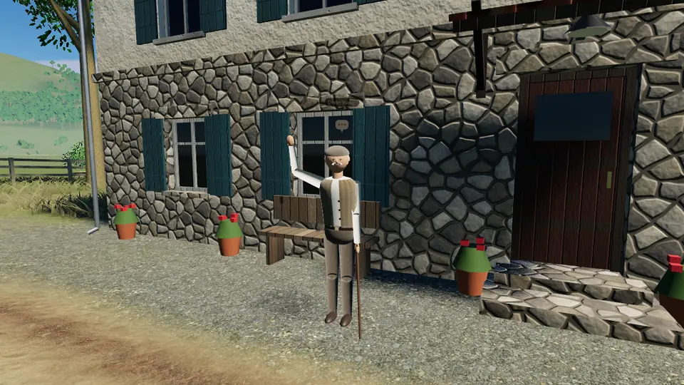 Grandpa Yusuf waving in front of the stone farmhouse